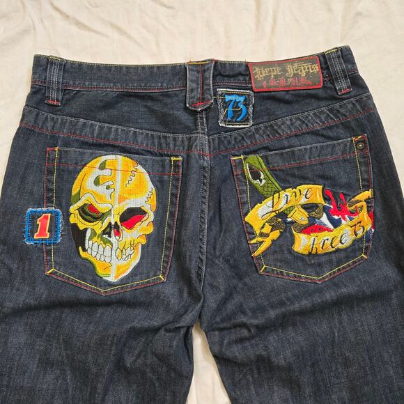 Pepe Jeans Other - Vtg Pepe Jeans Mens Size 36x33 HTF Skull Live Free Dark Wash Y2K Hip-Hop